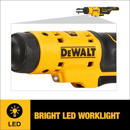 Close-up of DEWALT cordless ratchet tool showing bright LED worklight near the base, with labeled graphic emphasizing illumination feature.