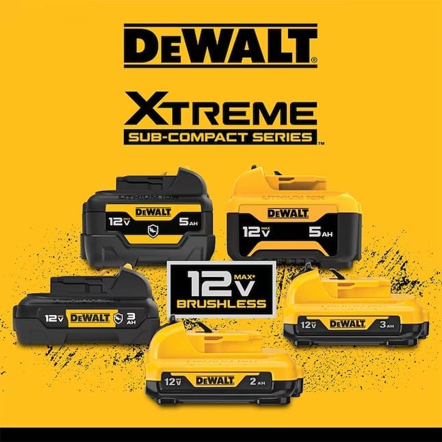 Promotional image showing five DEWALT 12V MAX lithium-ion battery packs with various amp-hour ratings, highlighting compatibility with XTREME Sub-Compact Series tools.