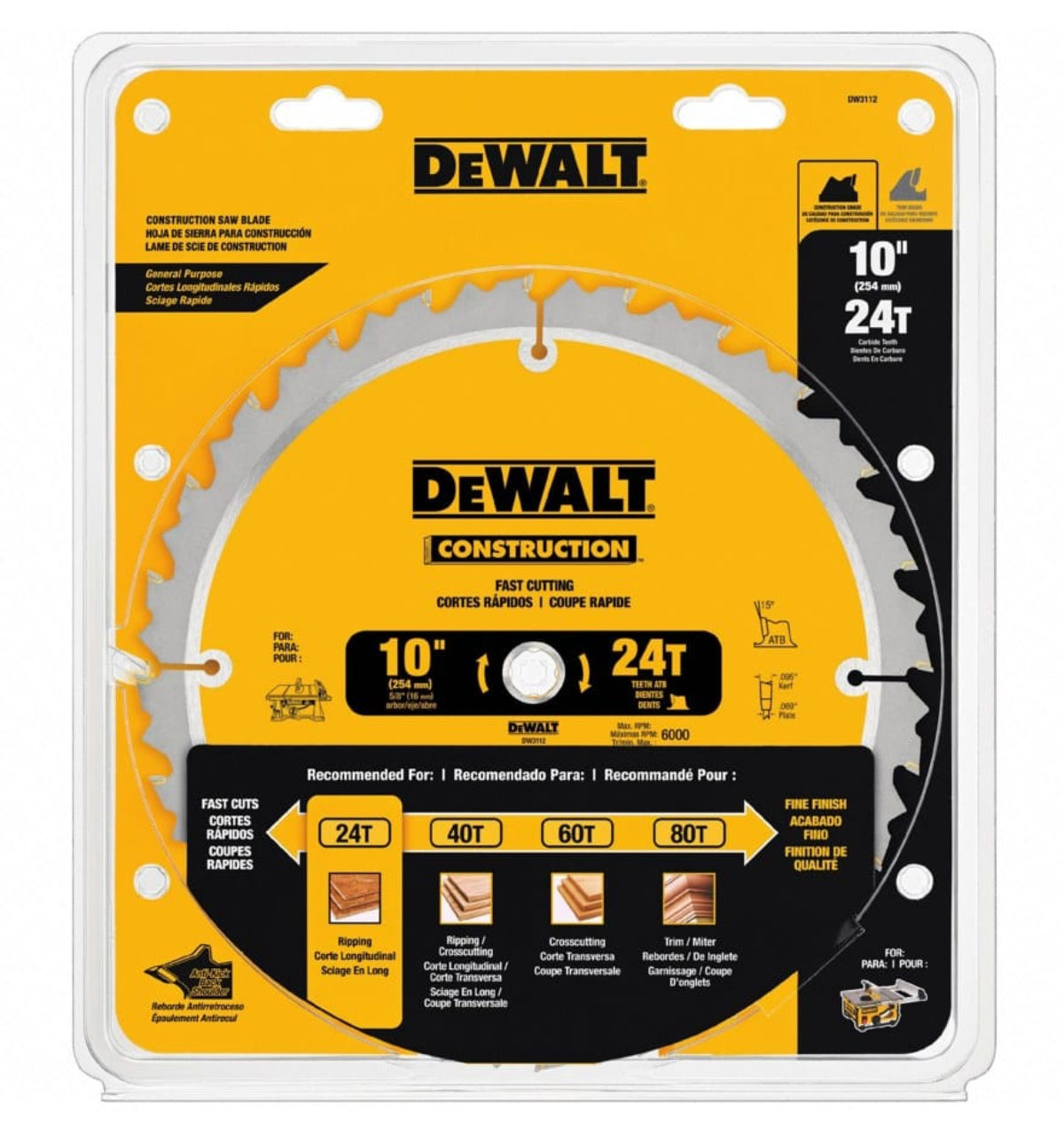 Retail packaging of DeWalt DW3112 construction saw blade with 10-inch diameter and 24 teeth, labeled for fast ripping cuts and general purpose woodcutting, with multilingual usage chart.