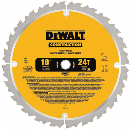 Close-up of DeWalt DW3112 circular saw blade showing 10-inch diameter, 24 ATB teeth, 5/8 inch arbor, 15° hook angle, and safety warnings in English, Spanish, and French.