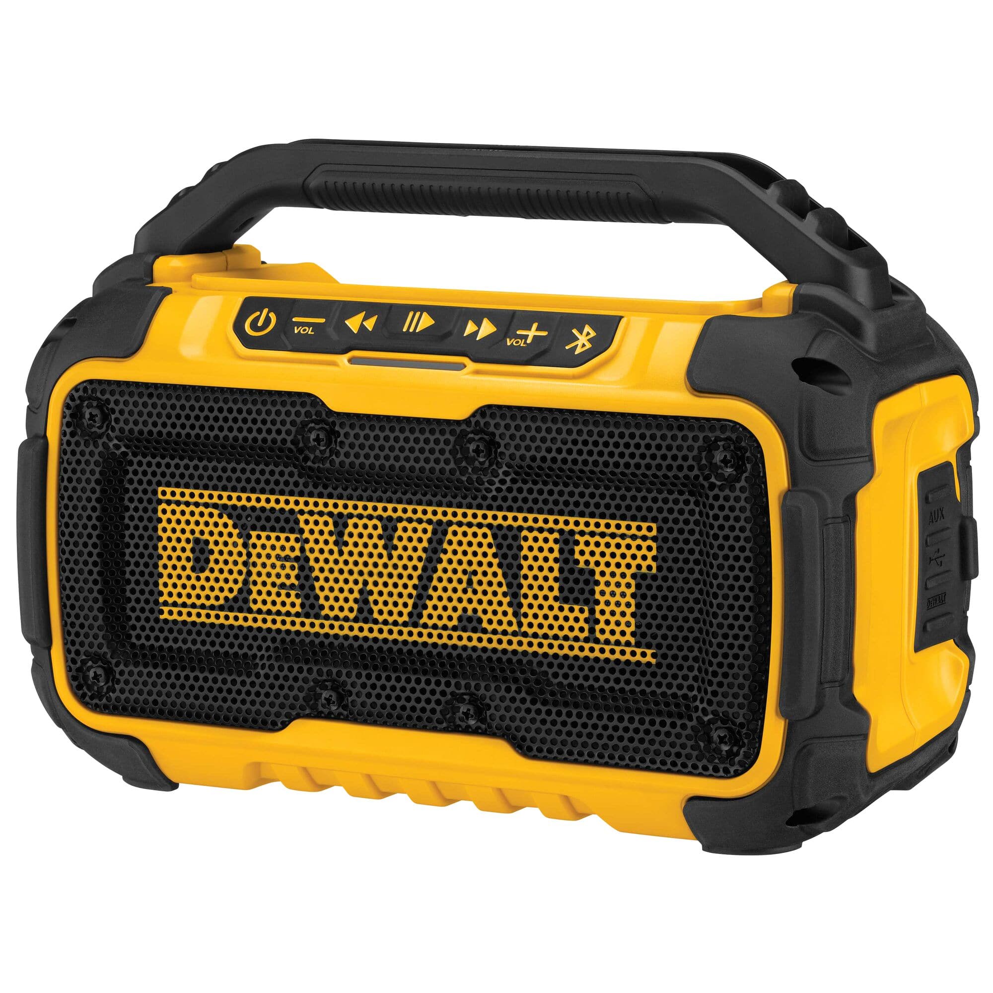 DeWalt Bluetooth Speaker. The image shows a black and yellow DeWalt DCR010 jobsite Bluetooth speaker. It has a cylindrical body with a yellow roll cage and a black control panel on top.