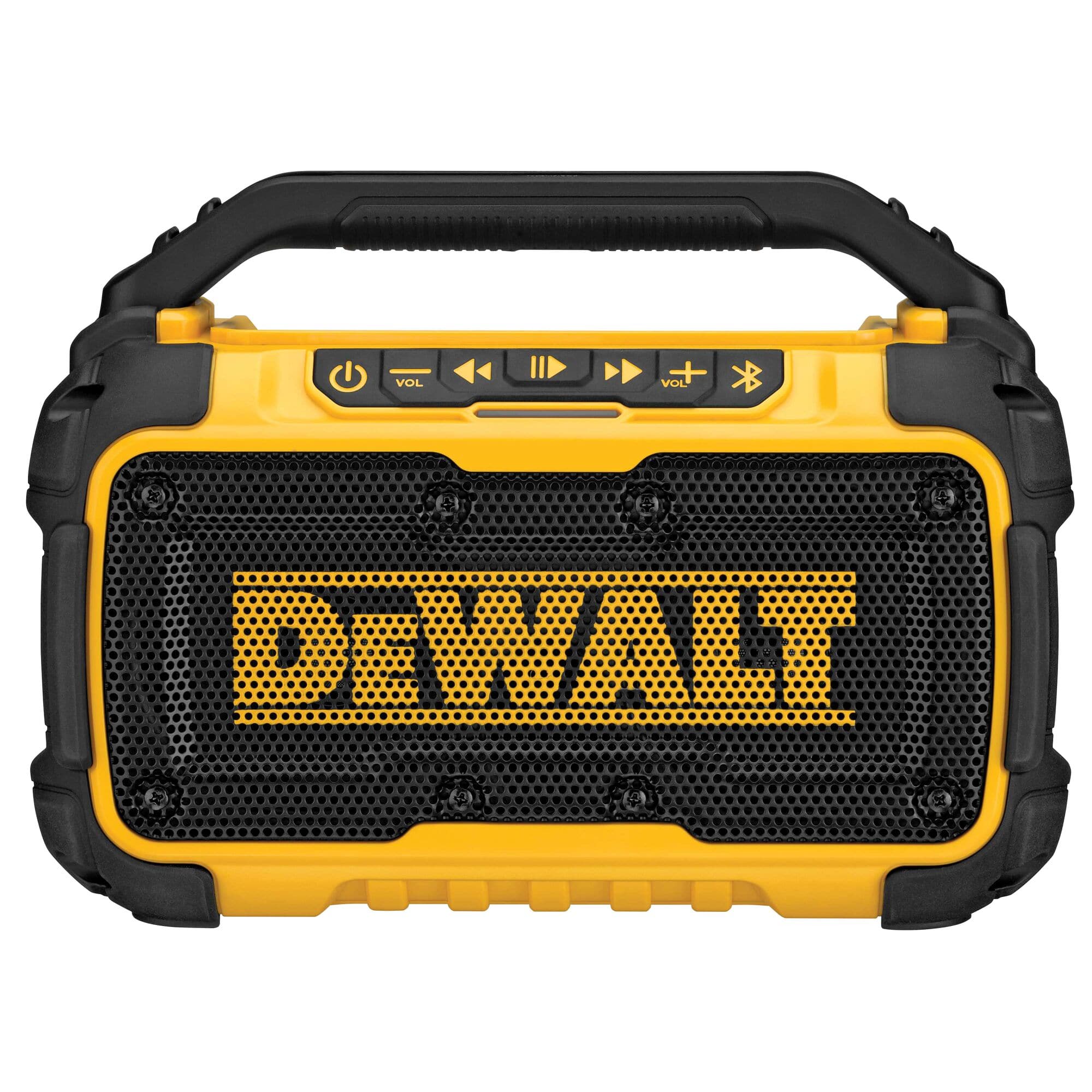 Product studio shot from a direct front view of the yellow and black DeWalt DCR010 12V/20V MAX Jobsite Bluetooth Speaker against a white background, displaying its rugged overmolded housing design, integrated top carrying handle, premium front metal grille emblazoned with the yellow DeWalt logo, and a top-centered digital control panel with tactile yellow push buttons.
