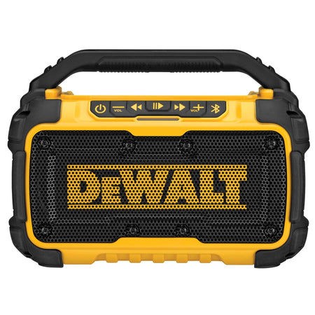 Product studio shot from a direct front view of the yellow and black DeWalt DCR010 12V/20V MAX Jobsite Bluetooth Speaker against a white background, displaying its rugged overmolded housing design, integrated top carrying handle, premium front metal grille emblazoned with the yellow DeWalt logo, and a top-centered digital control panel with tactile yellow push buttons.