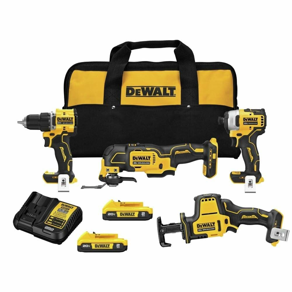 Full DeWalt 20V MAX ATOMIC 4-tool brushless combo kit with drill, impact driver, reciprocating saw, oscillating multi-tool, two batteries, charger, and bag.