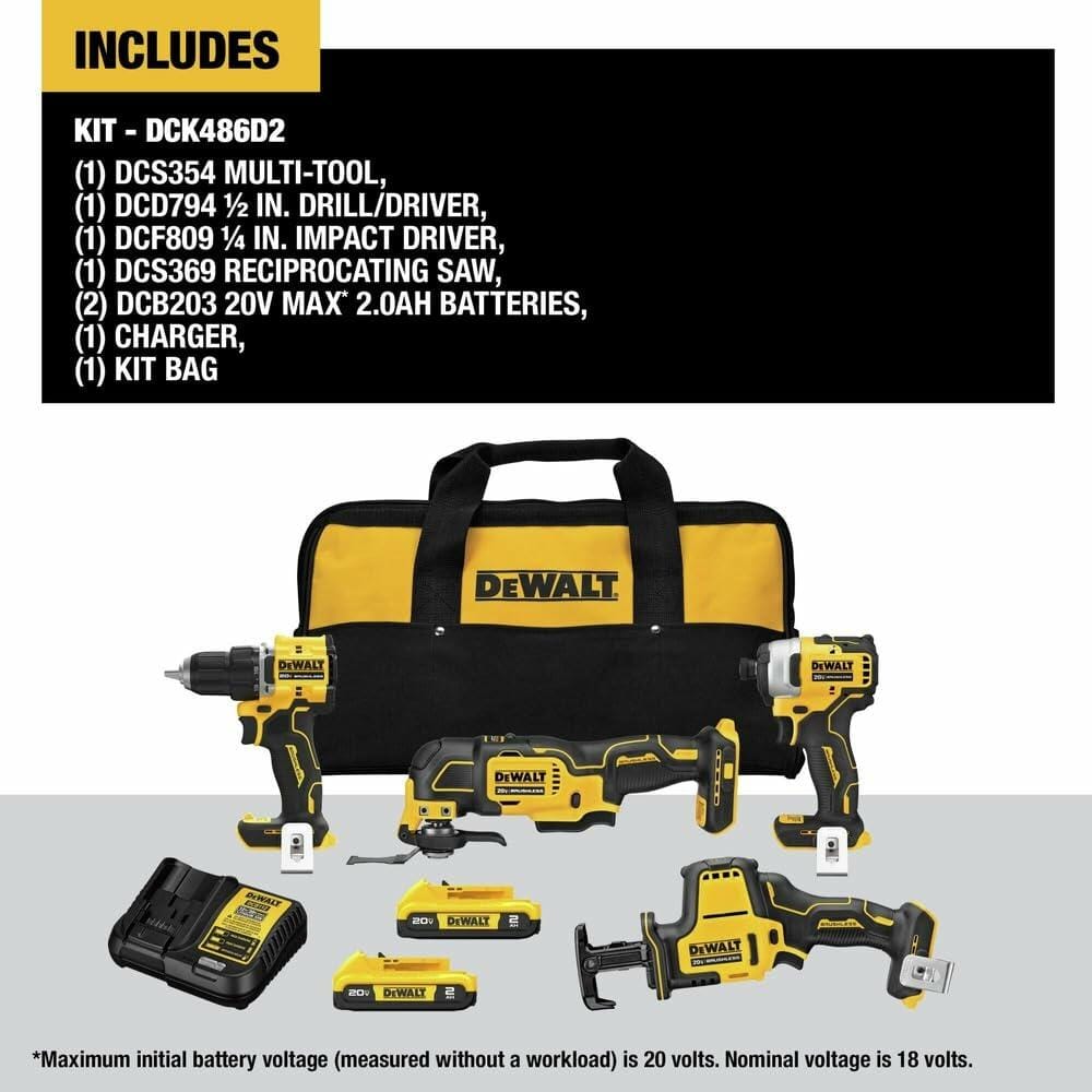 What's included in the DeWalt kit DCK486D2: DCS354 Multi-Tool, DCD794 Drill/Driver, DCF809 Impact Driver, DCS369 Reciprocating Saw, two 2.0Ah batteries, charger, and kit bag.
