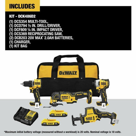 What's included in the DeWalt kit DCK486D2: DCS354 Multi-Tool, DCD794 Drill/Driver, DCF809 Impact Driver, DCS369 Reciprocating Saw, two 2.0Ah batteries, charger, and kit bag.