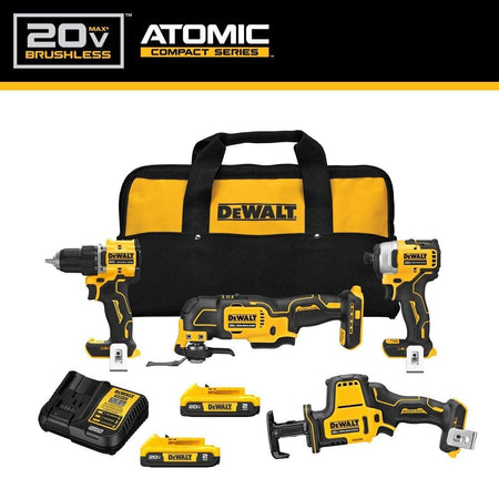 DeWalt 20V MAX ATOMIC Compact Series 4-tool brushless combo kit contents: drill, impact driver, reciprocating saw, multi-tool, batteries, charger, and bag.