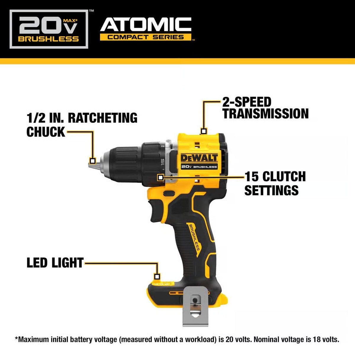 Features of the DeWalt 20V MAX ATOMIC oscillating multi-tool: LED work light, 11-1/5 in. length, 0-18,000 OPM, and a dual-grip variable speed trigger.