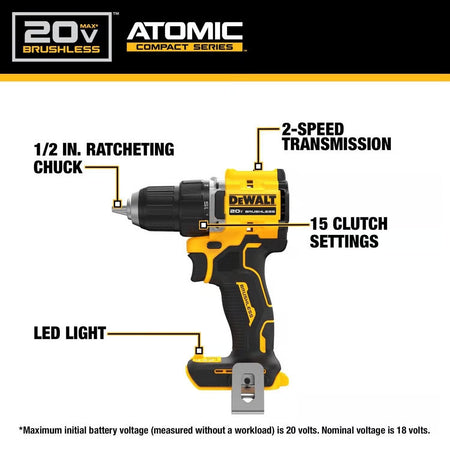 Features of the DeWalt 20V MAX ATOMIC oscillating multi-tool: LED work light, 11-1/5 in. length, 0-18,000 OPM, and a dual-grip variable speed trigger.