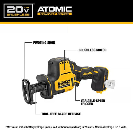 Features of the DeWalt 20V MAX ATOMIC one-handed reciprocating saw: pivoting shoe, brushless motor, variable-speed trigger, and tool-free blade release.