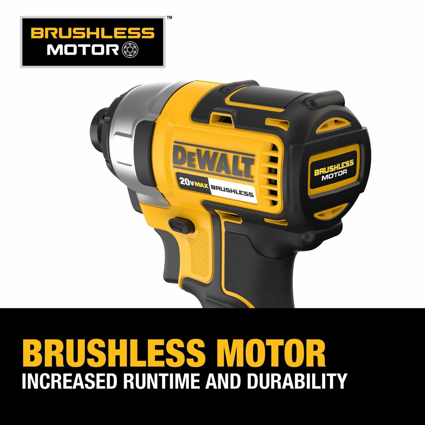 Feature callout showing the DeWalt brushless motor, noting increased runtime and durability.