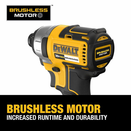 Feature callout showing the DeWalt brushless motor, noting increased runtime and durability.