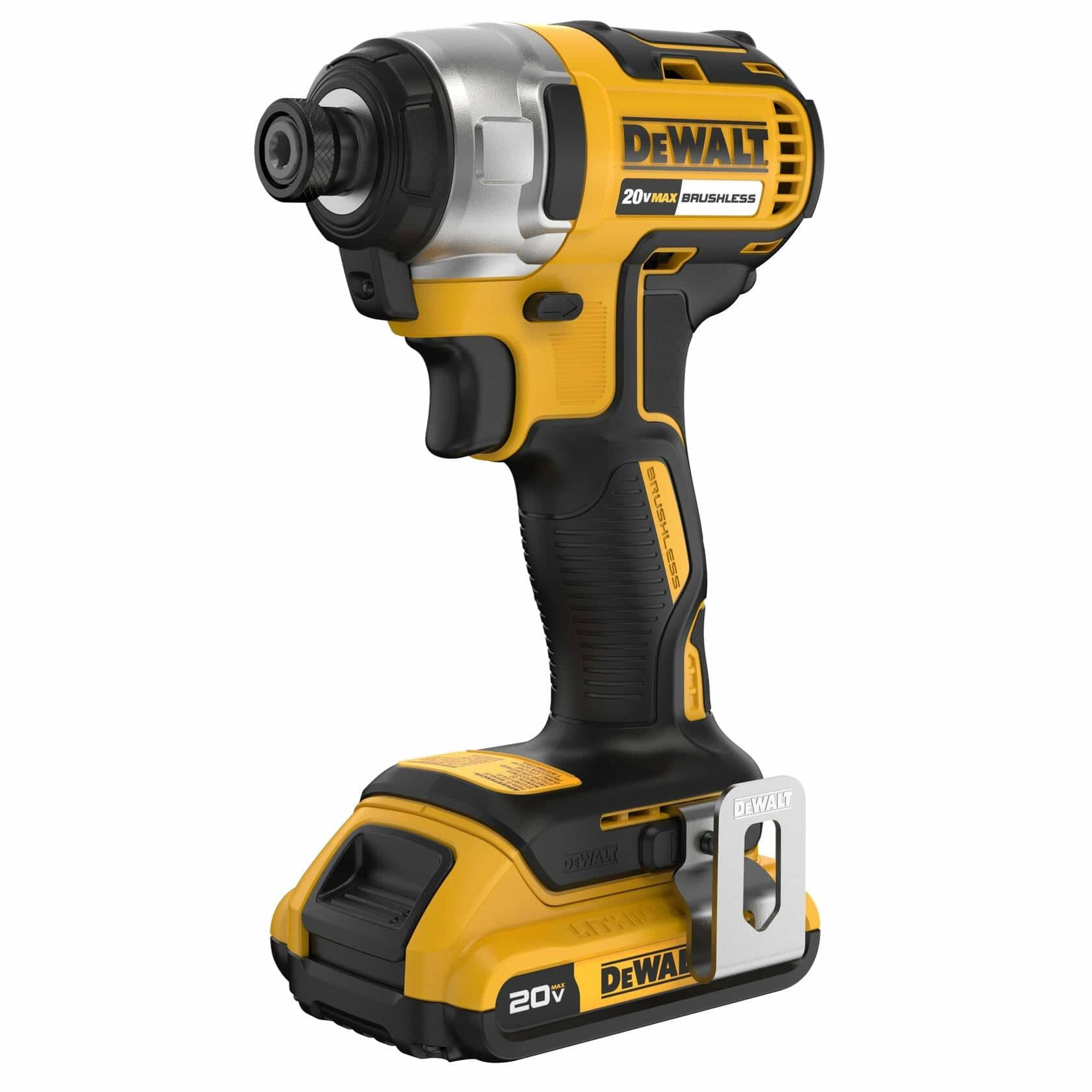 A front-angle profile view of the DeWalt 20V MAX brushless impact driver with 2.0Ah battery attached.