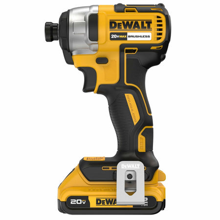 A right-side profile of the DeWalt 20V MAX brushless impact driver with the belt hook and 2.0Ah battery attached.