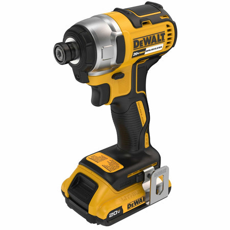 A three-quarter angle view of the DeWalt 20V MAX brushless impact driver with a 2.0Ah battery and belt clip attached.