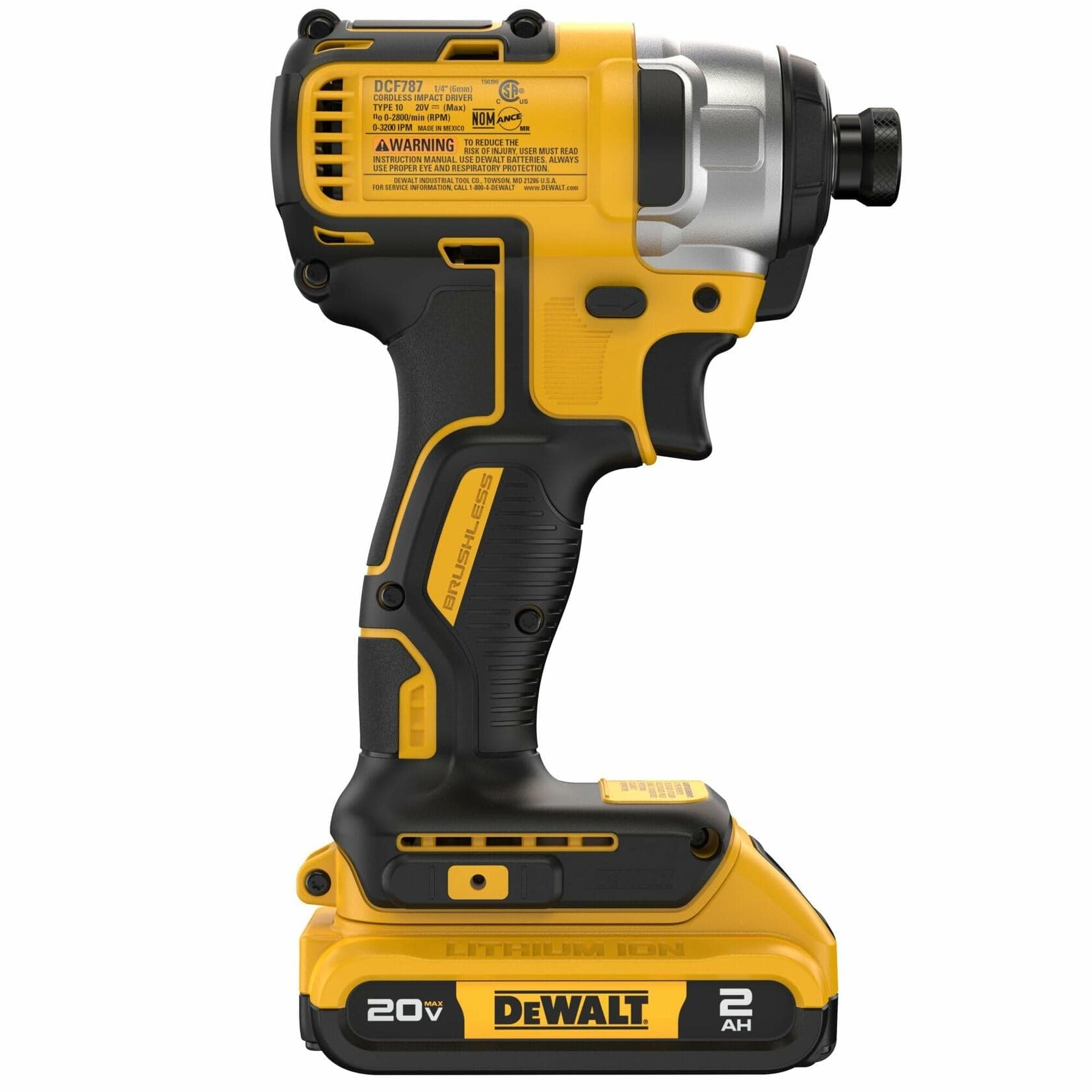 A left-side profile of the DeWalt 20V MAX brushless impact driver, showing the specification label and 2.0Ah battery.