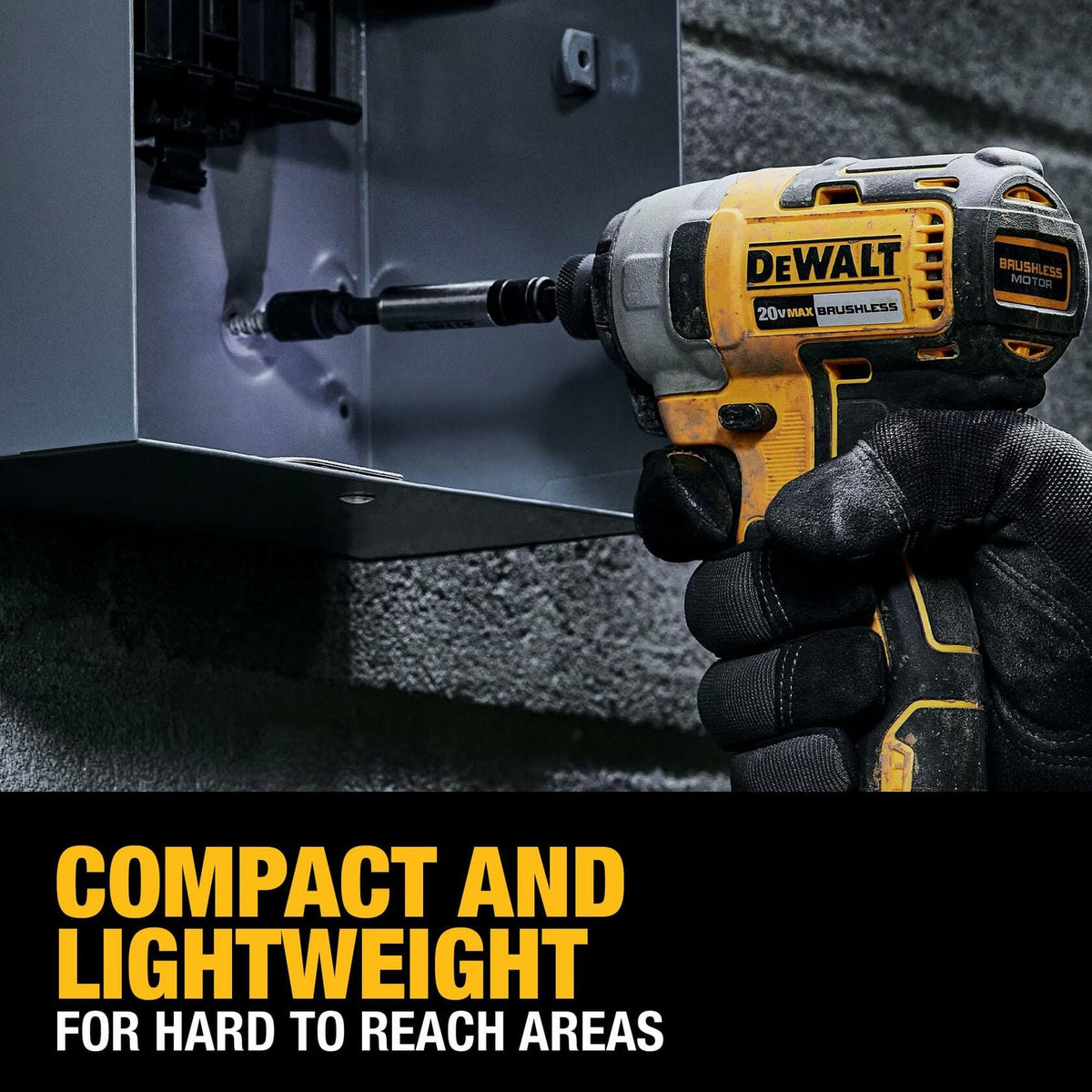 The compact DeWalt impact driver is shown being used in a tight space to drive a screw. Text reads: COMPACT AND LIGHTWEIGHT FOR HARD TO REACH AREAS.