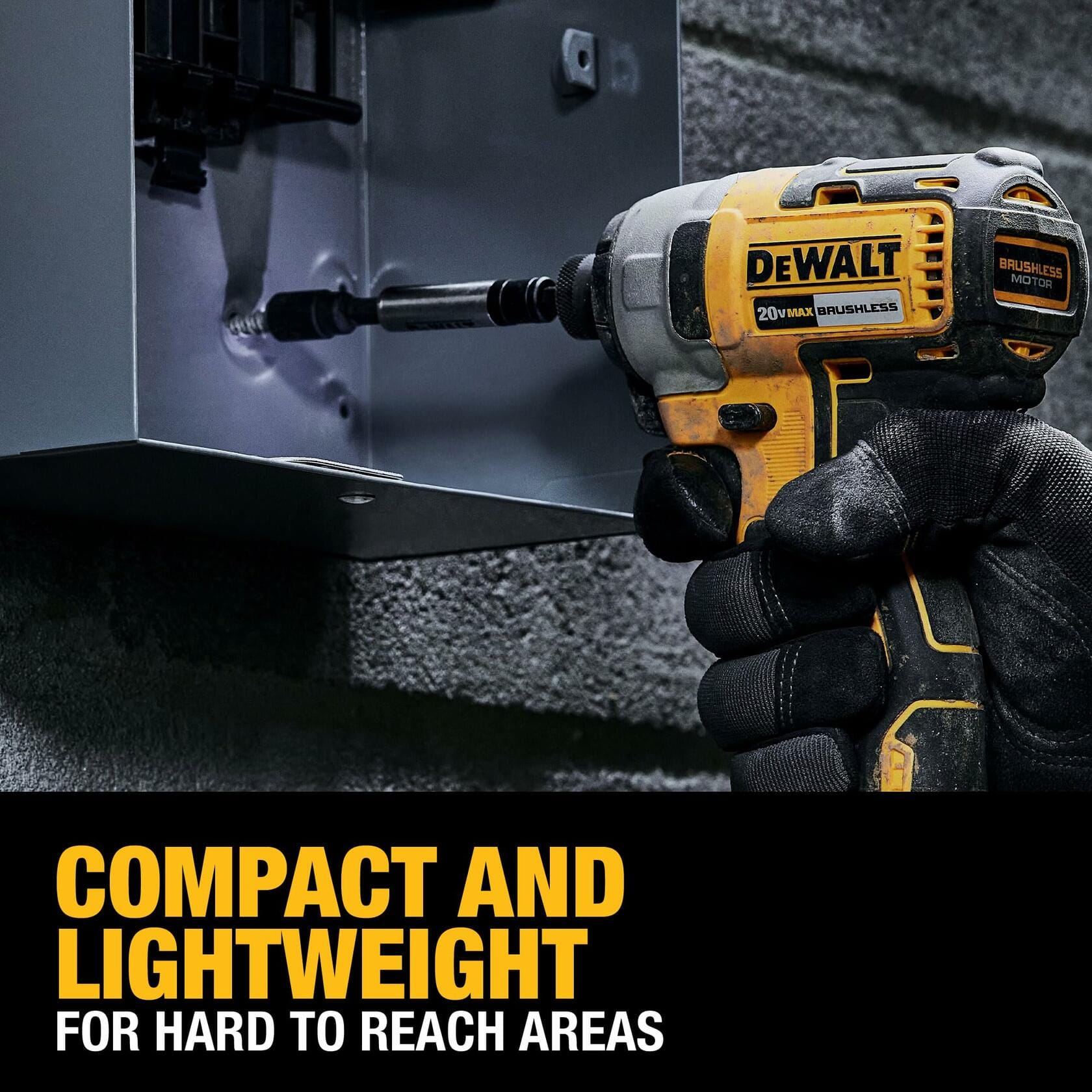 The compact DeWalt impact driver is shown being used in a tight space to drive a screw. Text reads: COMPACT AND LIGHTWEIGHT FOR HARD TO REACH AREAS.