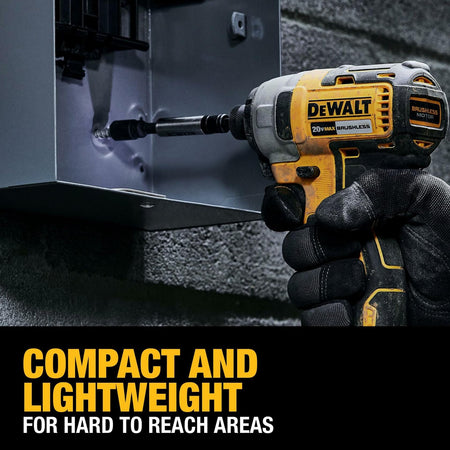 The compact DeWalt impact driver is shown being used in a tight space to drive a screw. Text reads: COMPACT AND LIGHTWEIGHT FOR HARD TO REACH AREAS.