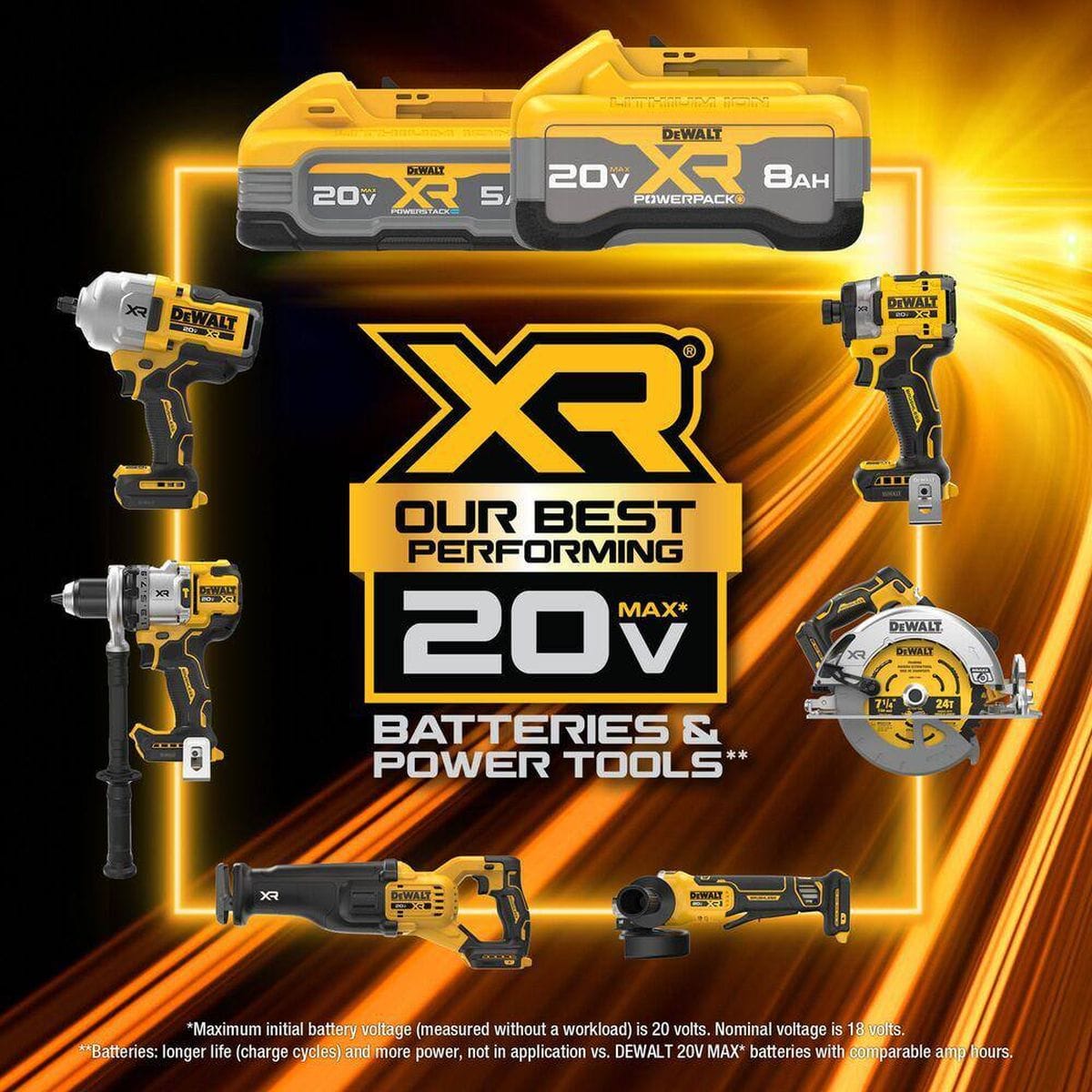 DeWalt XR marketing advertisement showcasing the 20V MAX Powerstack 5Ah and 8Ah battery packs alongside matching cordless power tools including an impact wrench, drill driver, circular saw, reciprocating saw, and angle grinder.