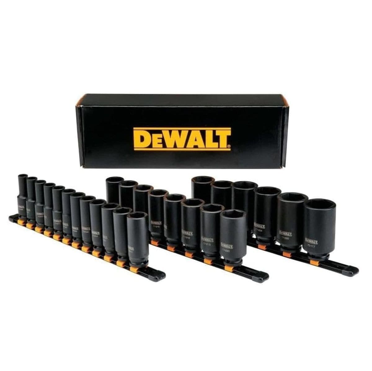 DeWalt deep impact socket set arranged on two socket rails with metric and SAE sizes, black oxide finish, and laser-etched markings, displayed in front of branded DeWalt storage box.