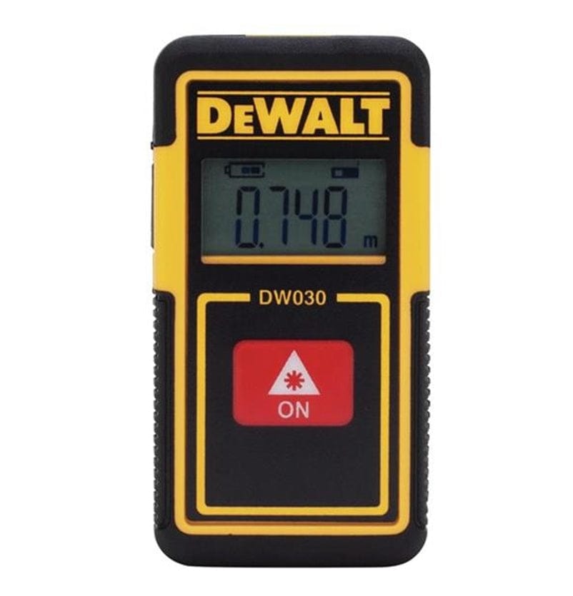 Studio front view of the DeWalt DW030PL pocket laser distance measurer featuring a black and yellow housing, a digital LCD screen displaying a measurement, and a large red activation button.
