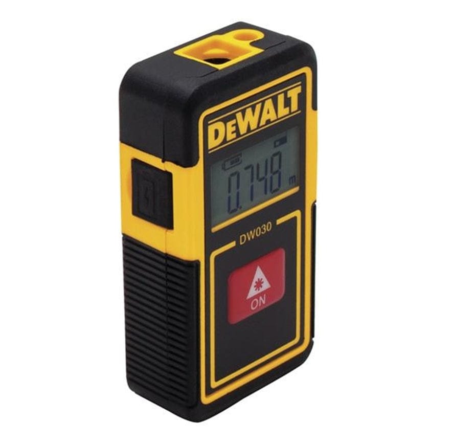 Angled view of the laser measurer highlighting the black rubber over-mold grip, the USB charging port cover on the side, and the integrated lanyard loop at the top.