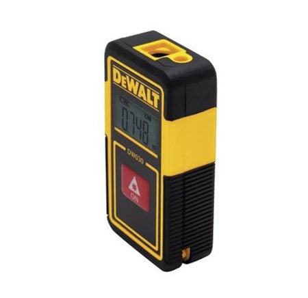 Angled perspective of the compact laser tool showing the textured side grip, the model number DW030 printed on the front, and the simple one-button interface.