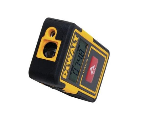 Top-down view focusing on the laser emitter lens housed in the yellow casing, designed for projecting the measuring beam, with the digital display visible below.
