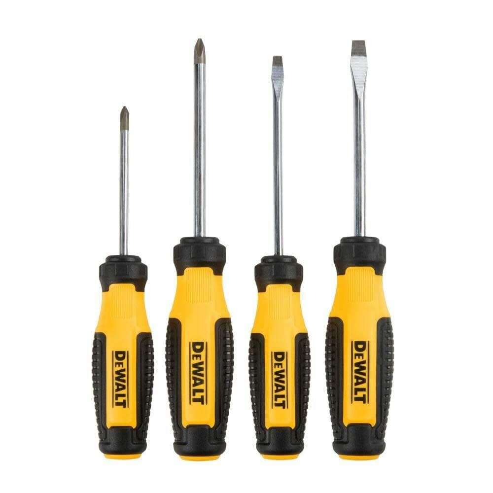 "Four DEWALT screwdrivers displayed vertically with yellow and black textured handles. Includes two flathead and two Phillips screwdrivers in assorted sizes. Designed for magnetic fastening with ergonomic grip for high-torque control."