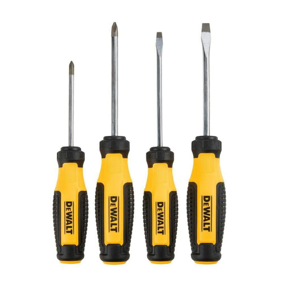 "Four DEWALT screwdrivers displayed vertically with yellow and black textured handles. Includes two flathead and two Phillips screwdrivers in assorted sizes. Designed for magnetic fastening with ergonomic grip for high-torque control."