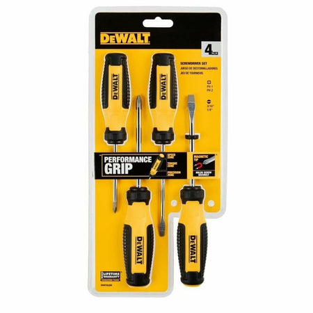 "Retail-packaged DEWALT 4-piece screwdriver set labeled DWHT65200. Features MAX FIT magnetic tips, PERFORMANCE GRIP handles, and lifetime warranty. Includes two Phillips and two flathead screwdrivers with sand-blasted tips for improved torque and durability."
