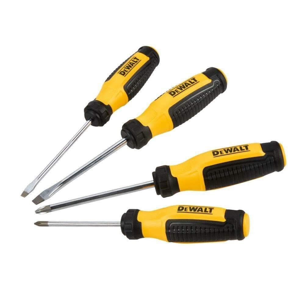 "Set of four DEWALT screwdrivers with yellow and black bi-material handles, displayed side by side. Includes both Phillips and flathead tips. Handles are textured for enhanced grip and control. Designed for magnetic fastening and high torque applications."