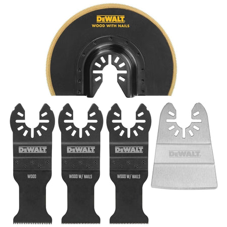 Flat lay arrangement of the DeWalt oscillating blade set showing the semi-circular blade at the top and four attachment blades below for wood, nails, and scraping.