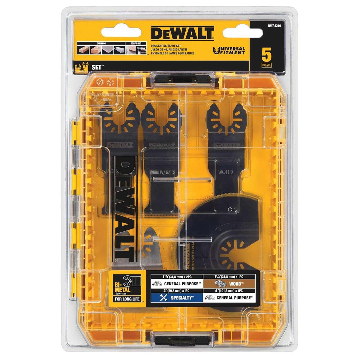 DeWalt oscillating tool blade set packaged inside a yellow and clear ToughCase storage container with the blades secured in slots.