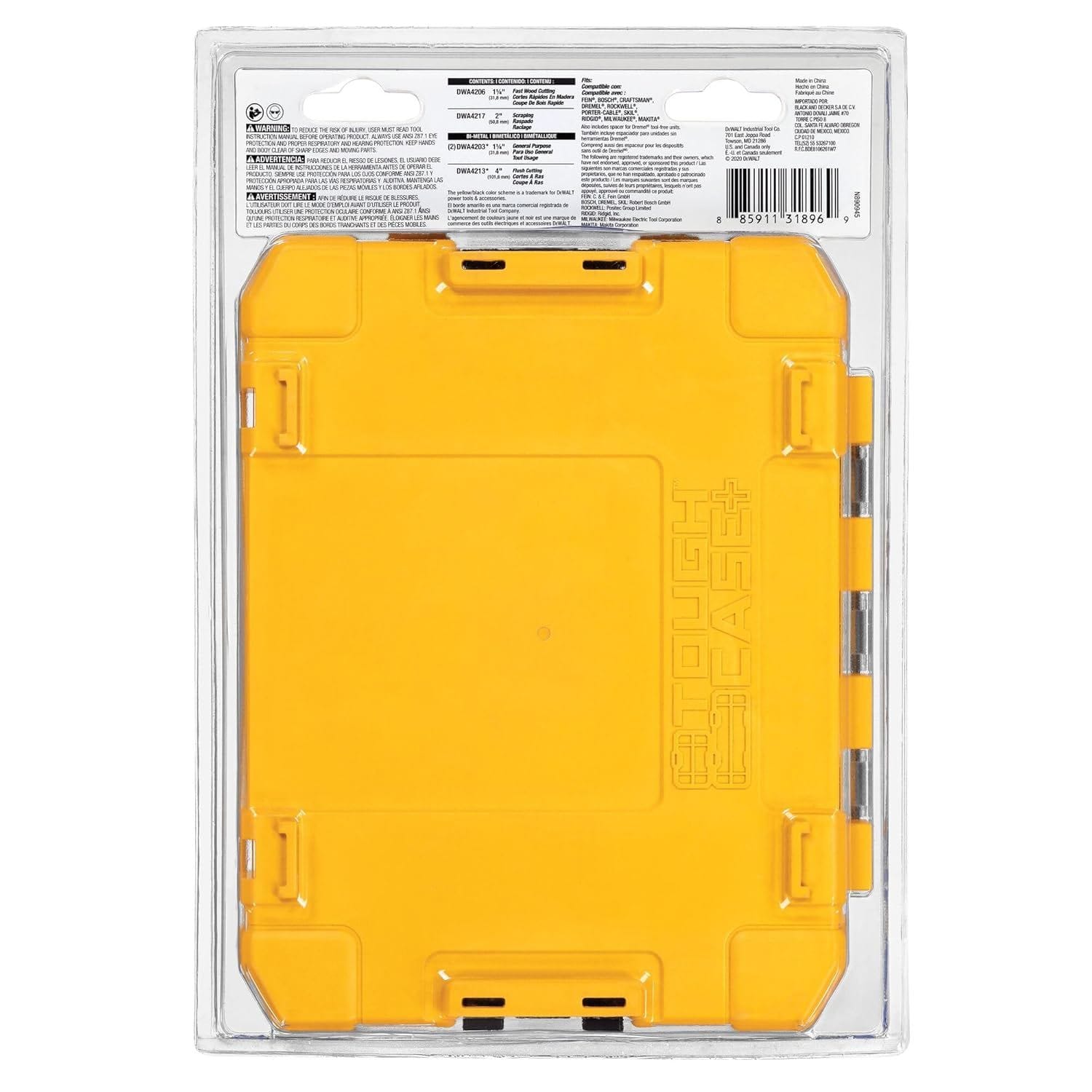 Back view of the DeWalt ToughCase packaging displaying the barcode, safety warnings, and a list of compatible tool brands.
