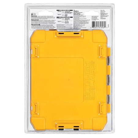 Back view of the DeWalt ToughCase packaging displaying the barcode, safety warnings, and a list of compatible tool brands.