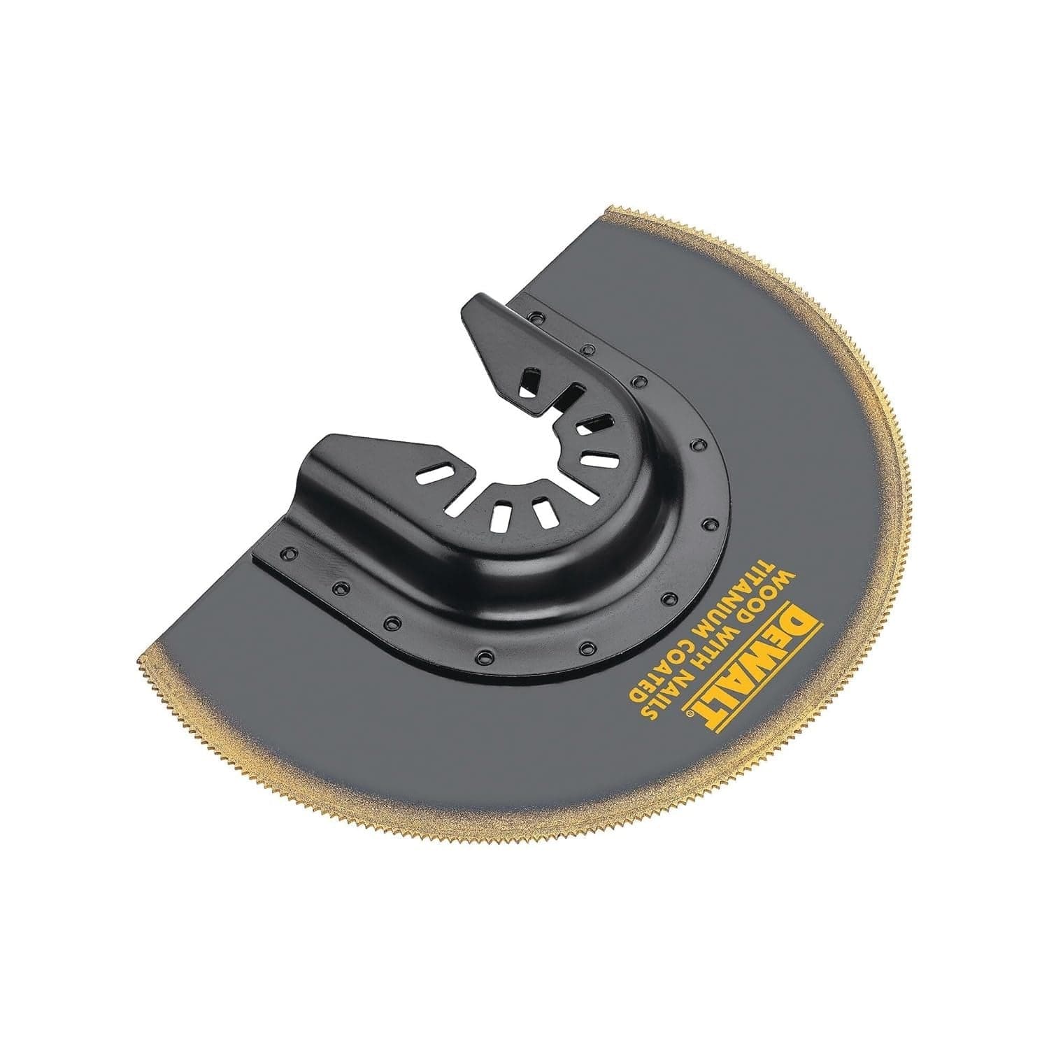 Close-up of the semi-circular blade showing the black body, gold titanium coated edge, and Universal Fitment attachment points.