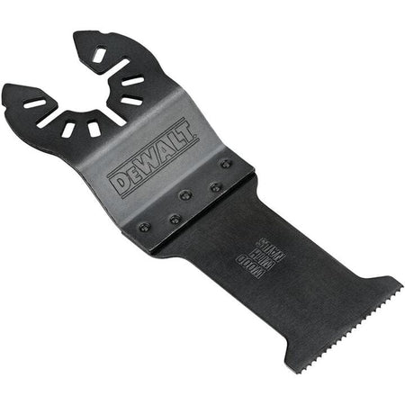 Close-up of a black rectangular DeWalt blade labeled Wood w/ Nails, showing the bi-metal teeth and universal open-back design.