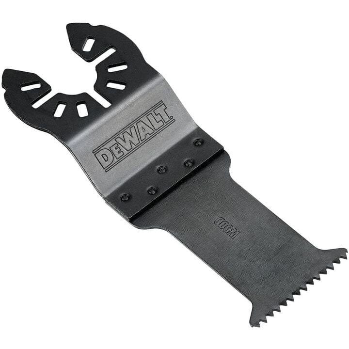 Close-up of a black rectangular DeWalt blade labeled Wood, designed for fast cutting applications.