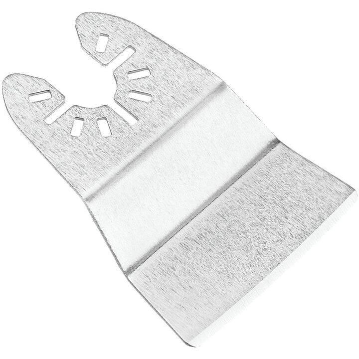Close-up of the silver rigid scraper blade showing the universal mounting pattern and the sharp scraping edge.
