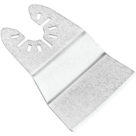Close-up of the silver rigid scraper blade showing the universal mounting pattern and the sharp scraping edge.