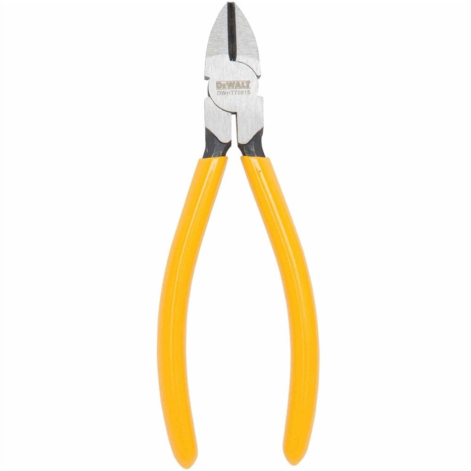 Studio view of the DeWalt 6-inch diagonal cutting pliers featuring chrome vanadium steel jaws and bright yellow dipped handles, displayed in an open position.
