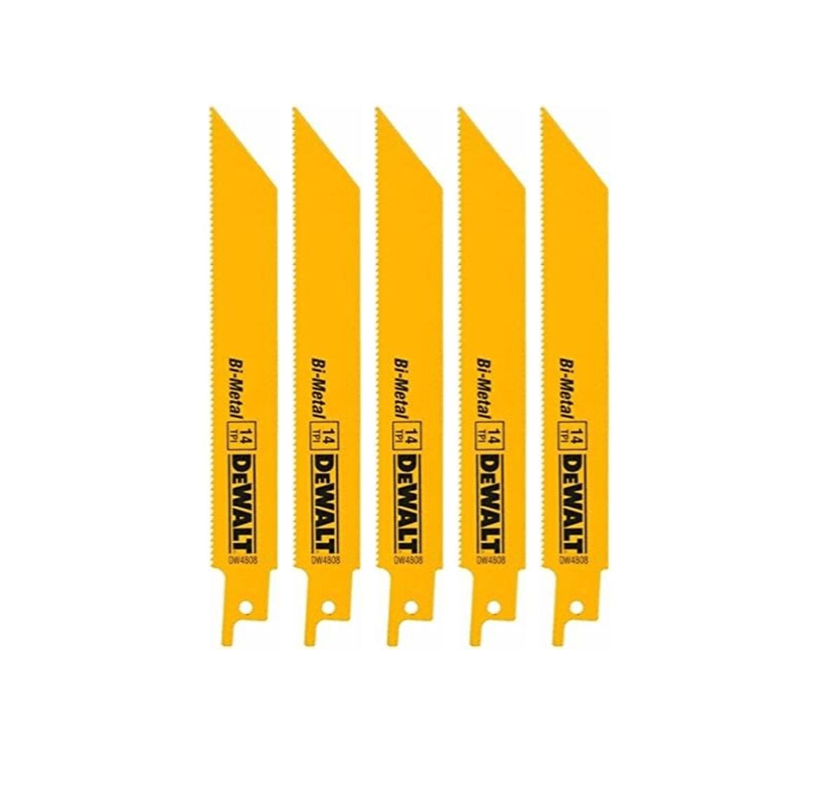 Image of Saw Blades. The image shows a set of five identical, bright yellow reciprocating saw blades arranged in a vertical row. Each blade has a jagged, toothed edge and is marked with the "DEWALT" brand name and specifications like "Bi-Metal" and "14 TPI" in black text.