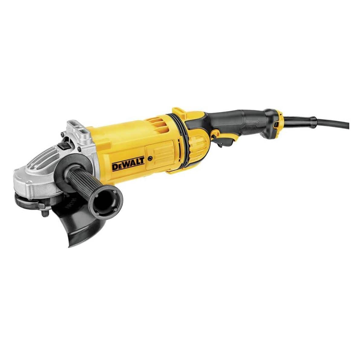 A studio product view of the DEWALT DWE4557 7-inch high-power angle grinder. The image displays the heavy-duty corded tool from a three-quarter perspective, highlighting the signature yellow motor housing, the 7-inch protective black guard, and the ergonomic rear trigger handle designed for professional industrial metalworking.