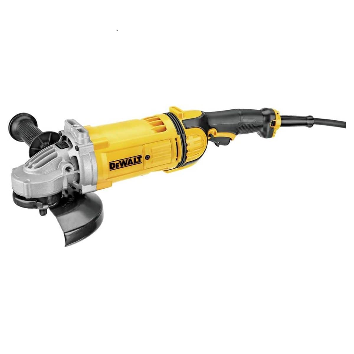 A side profile photograph of the DEWALT DWE4557 4.7 HP angle grinder. This view showcases the long, streamlined design of the tool, featuring the anti-vibration trigger handle, a side-mounted auxiliary handle for increased leverage, and the integrated Dust Ejection System air intake vents.