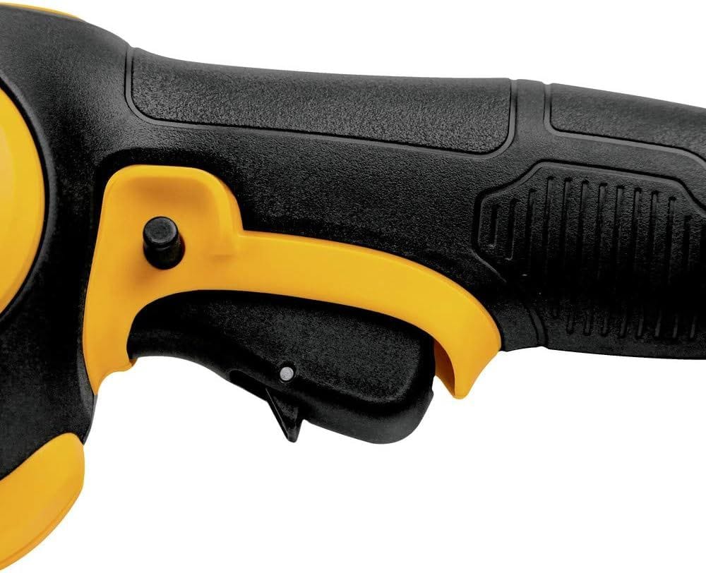 A close-up photograph of the DEWALT angle grinder's rear handle and trigger mechanism. The image highlights the soft-grip anti-vibe handle and the oversized trigger switch with a safety lock-on button, emphasizing user comfort and control during extended material removal tasks.