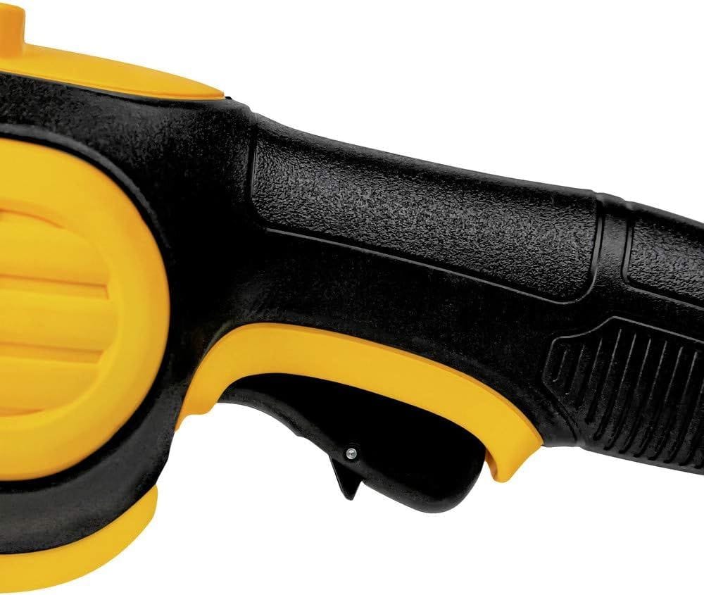 An alternative close-up view of the DEWALT DWE4557 trigger handle. The shot focuses on the ergonomic contouring of the yellow and black housing, illustrating the tool's specialized design for reducing vibration and hand fatigue in heavy-duty construction environments.
