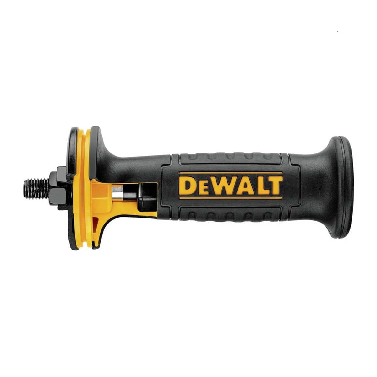 A detailed product view of the DEWALT 3-position side handle included with the DWE4557 kit. The handle features a black rubberized grip with the DEWALT logo and a yellow vibration-dampening ring at the base to improve operator safety and accuracy during grinding.