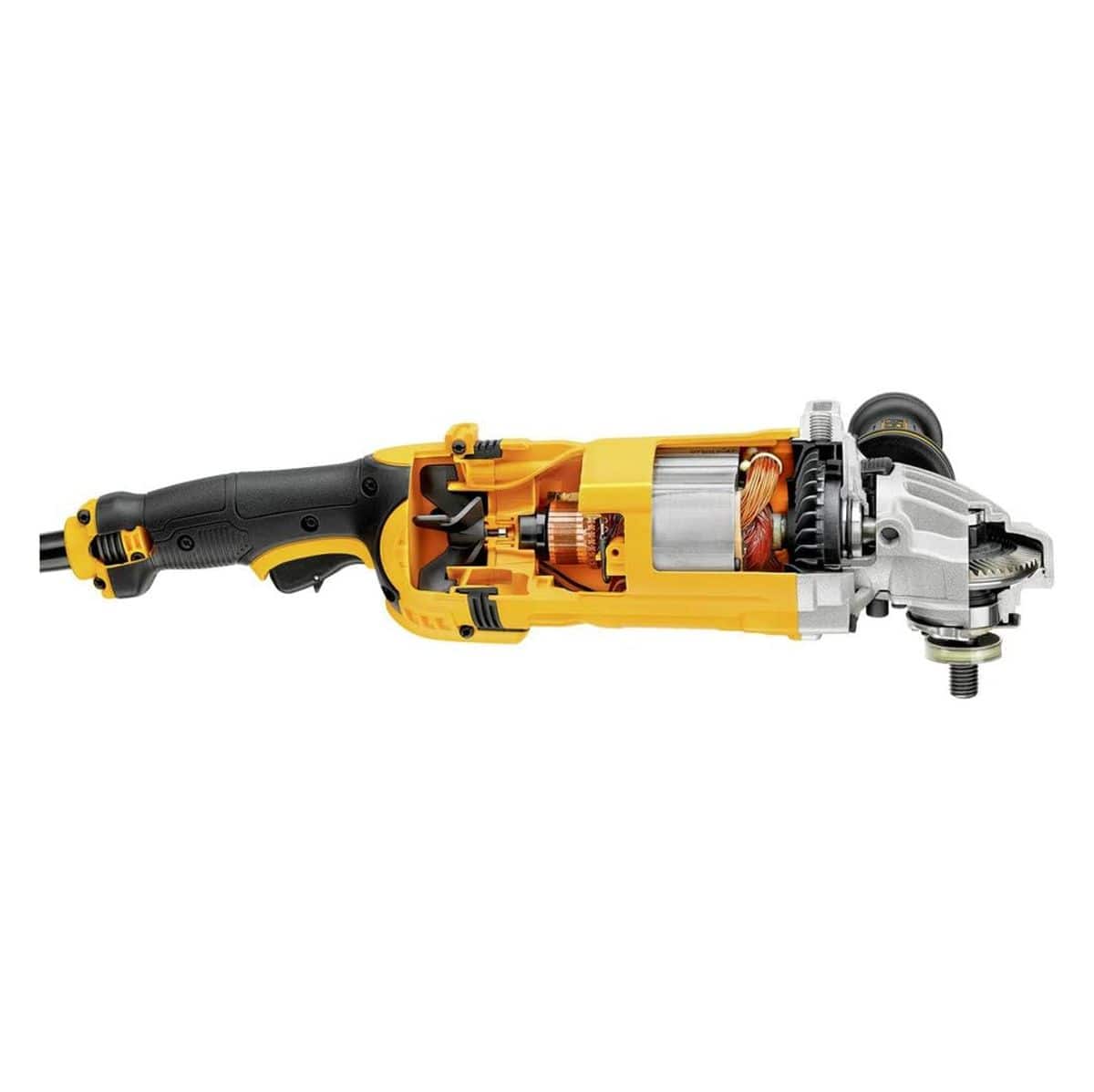 A technical cutaway view of the DEWALT 4.7 HP angle grinder. The internal components are exposed to show the high-performance motor, the large spiral bevel gears, and the advanced Dust Ejection System fan, illustrating the heavy-duty engineering that provides 8,500 RPM of power.